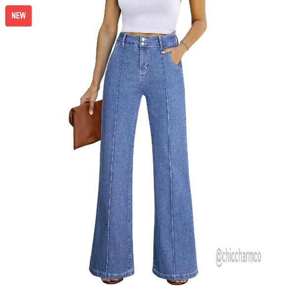 Wide Leg High Waisted Stretch Denim Jeans Baggy Casual Pants
